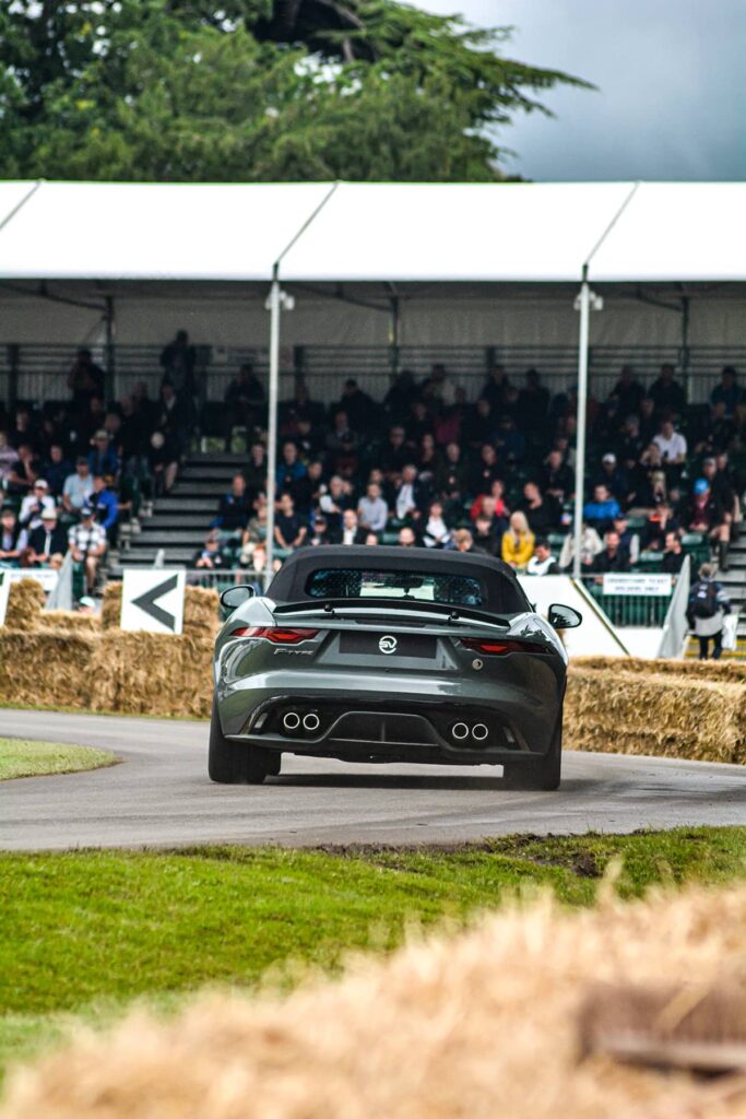 Jaguar F-Type Convertible with a soft top on at GoodWood Race track
