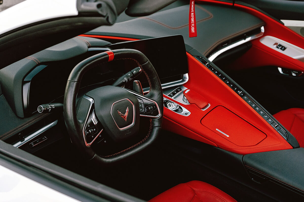 Modern Chevy Corvette C8 interior black and red leather